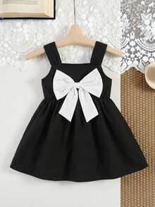 SHEIN Playful Pals 1pc Baby Girls Sweet Princess Elegant Black And White Dress,Large 3D Bowknot Decor Sleeveless Square Neck A-Line Party Sundress For Birthday Summer - Black and White - View 6