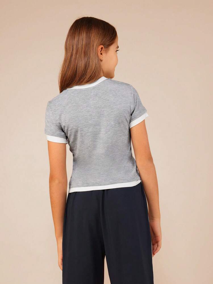 Grey Crew Neck Tee With White Trim