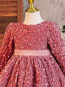 SHEIN Glamorique Kids Girls Princess Dress, Pink Sequin, Puff Long Sleeve, Puffy Skirt, Christmas Young Girl Dress, Party Wear, Ball Gown, Girls Princess Dress, Big Bow Back, Elegant Formal Dress - Dusty Pink - View 5