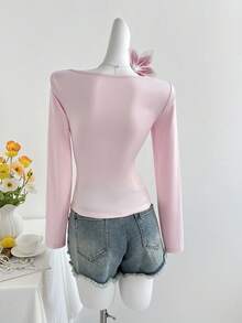 SHEIN Unity Women's Casual V-Neck Beaded Long Sleeve Versatile Top - Pink - View 2