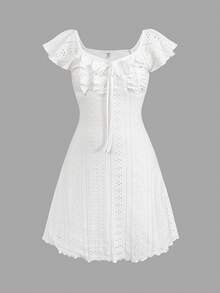 SHEIN 少女优雅立领收腰中长连衣裙 - 白色 - 查看 3