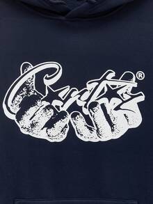 Open Phase Men's Casual Everyday Commute Minimalist Printed Kangaroo Pocket Drawstring Hoodie, Autumn/Winter - Navy Blue - View 5