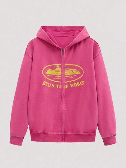 Open Phase 水洗男士秋季落肩长袖拉链领复古时尚印花休闲连帽衫