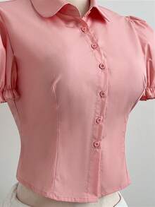 SHEIN Unity Camisa feminina de cor sólida com gola dobrável, abotoamento simples, moderna e versátil para o dia a dia. Manga bufante. - Rosa - Ver 7