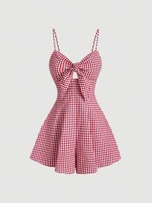SHEIN MOD 红白格子扭结肩带连体衣