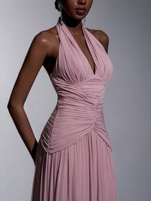 Elitara Elegant, , Fashionable Orange Elastic Mesh Halter Neck Ruched Decor A-Line Dress, Graceful Party Wedding Guest & Bridesmaid - Watermelon Pink - View 7