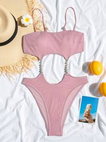 Swim SXY Women's Solid Color Shiny One-Piece Hollow-Out Sexy Bikini, Summer - Silver - View 5