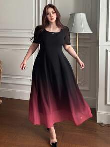 Dazy Plus Plus Size Elegant Gradient Color Design Bodycon Square Neck Short Sleeve Midi Dress, Suitable For Party And Commute, Spring/Summer Sundress - Black - View 6