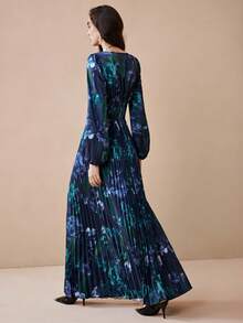 Arave Đầm maxi dài tay cổ chữ V nhuộm màu tie-dye đính đá và cúc kim loại, kiểu dáng thanh lịch, thắt eo, thích hợp cho kỳ nghỉ và tiệc tùng. - Nhiều màu - Xem 5