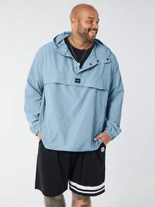 EASEVO 加大码男士休闲梭织连帽半拉链宽松插肩袖夹克，适合春秋季日常穿着 - 藍色 - 查看 6