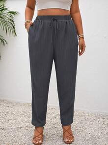 SHEIN Frenchy Plus Size Vacation Solid Color Knotted Casual Pants With Pockets - Dark Grey - View 3