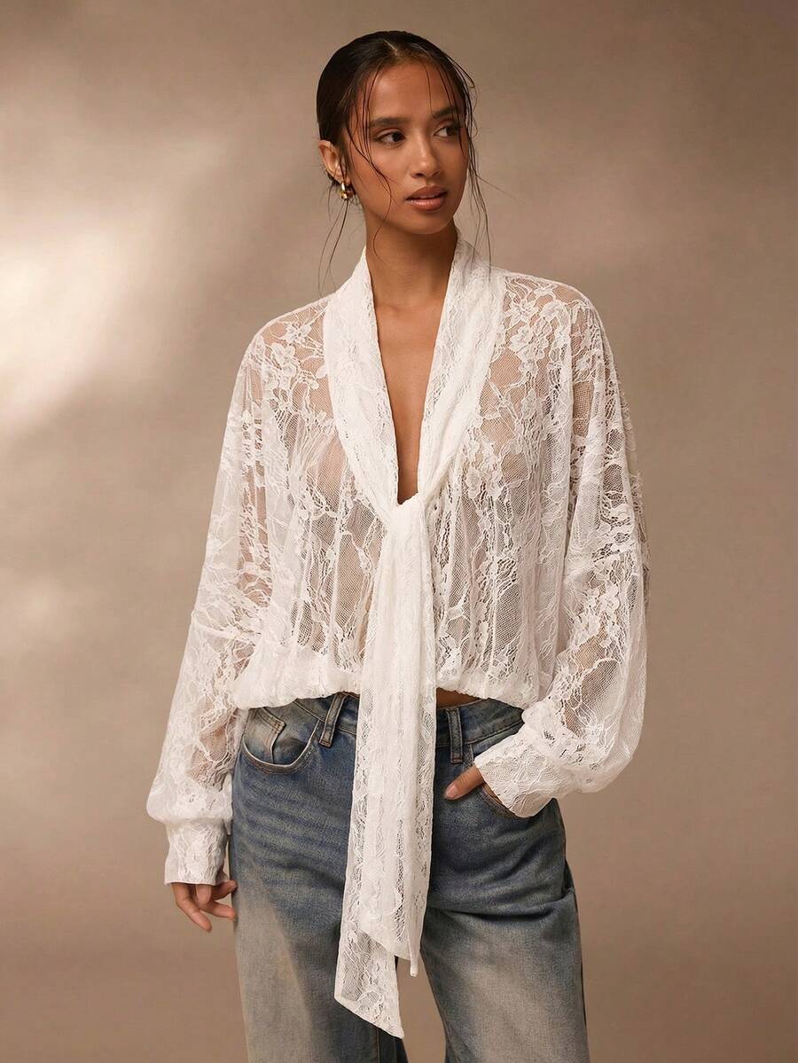 SHEIN Glamour 薄纱蕾丝衬衫，棕色蕾丝女式衬衫