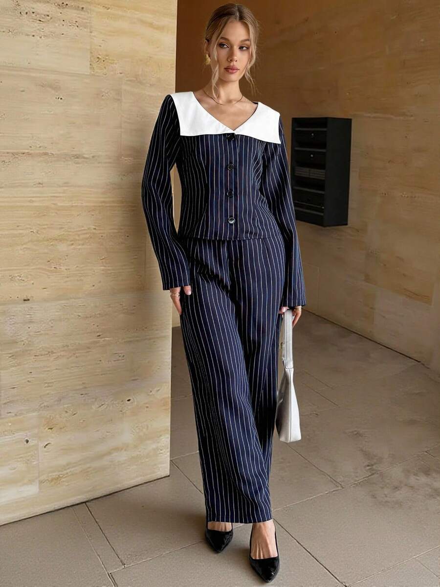 Siren Gaze 女士藏蓝色条纹衬衫长裤套装，休闲通勤优雅女士两件套 - 藏蓝色 - 查看 1