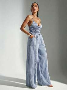 Denimoi Summer Sexy Backless Camisole Wide Leg Denim Jumpsuit - Light Wash - View 6