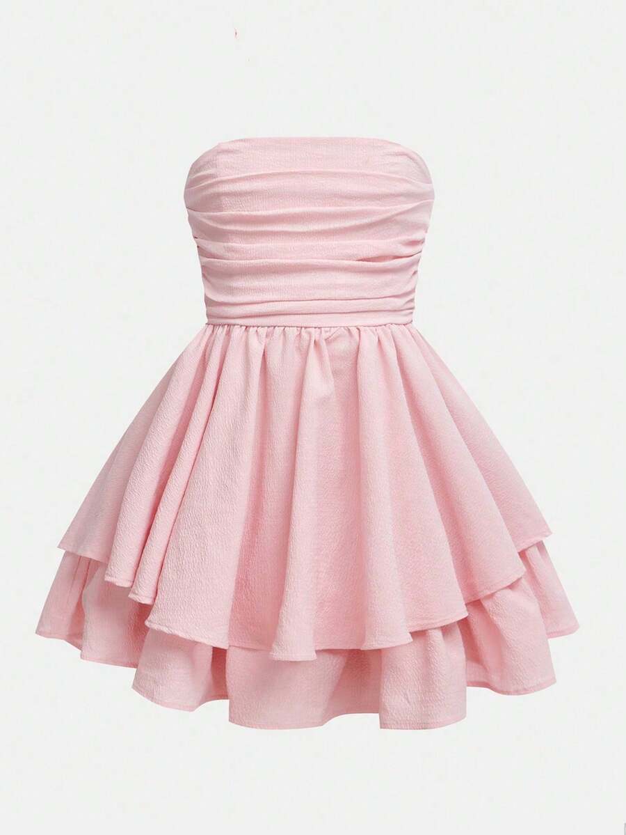 Girlism 少女纯色泡泡褶双层半身裙休闲吊带法式仙女裙，优雅长袖蛋糕裙，适合秋冬季日常休闲穿着及上学，也适合圣诞节、假期、派对、生日、情人节、婚礼季、公主裙等场合。 - 粉色 - 查看 1