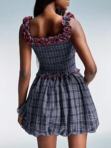 GENKIRA 复古法式/欧式风格方领格纹荷叶边收腰独特撞色青春泡泡下摆迷你无袖连衣裙 - 彩色 - 查看 2