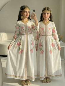 1pc Girls' Elegant Modest White And Pink Dress With Middle Eastern Details - White - View 9