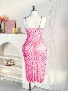 PetitDoll 情人节爱心印花网纱性感睡裙配蝴蝶结+丁字裤两件套