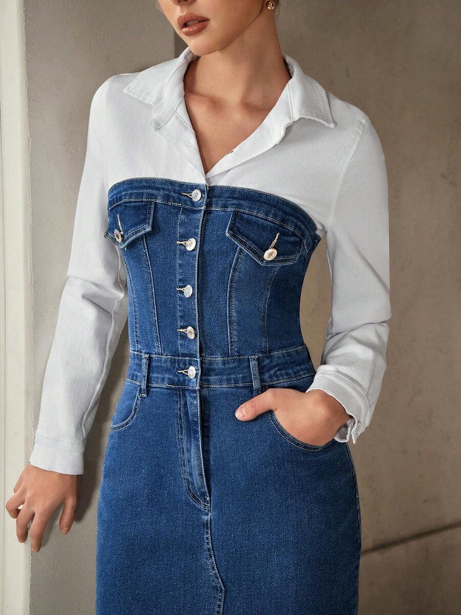 Selenza Women's Fashionable Color Block Fitted Denim Dress - Multicolor - View 1