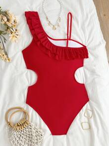 SHEIN Traje de baño de una pieza con doble volante hueco para adolescentes en color rojo - Rojo - Ver 2