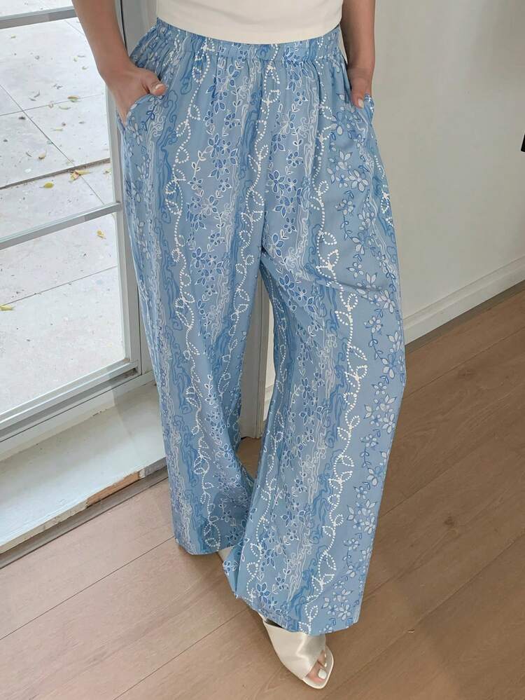 Dazy Plus Floral Print Elastic Waist Long Pajama Pants, Loungewear Bottom