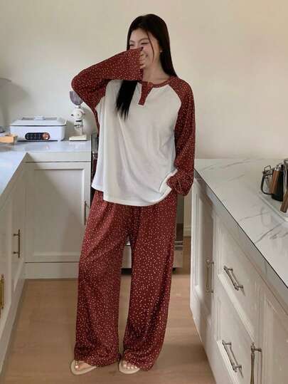 Dazy Plus 大码女式撞色拼接宽松长袖上衣和波点长裤睡衣套装，春夏款