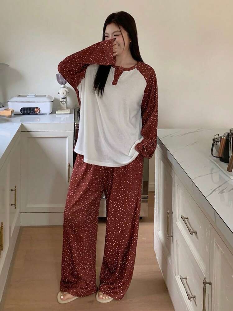 Dazy Plus Plus Size Women Contrast Color Patchwork Loose Long Sleeve Top And Polka Dot Long Pants Pajama Set, Spring/Summer