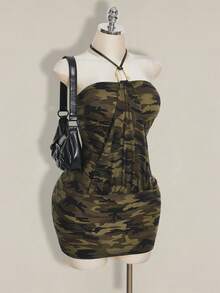 SHEIN ICON Plus Size Retro Sexy Country Y2K Streetwear Camouflage Halter Bodycon Mini Dress For Women Neck Camo Casual Date Night Rave Concert Olive Green Summer - Multicolor - View 4