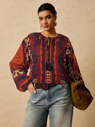Travachic Plus Size Women's Black Tropical Plant & Retro Print Long Sleeve Shirt, V-Neck Tassel Drawstring Pattern Blouse