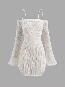 SHEIN Tween Girl Crochet Hollow Out Off-Shoulder Flare Sleeve Dress - White - View 1