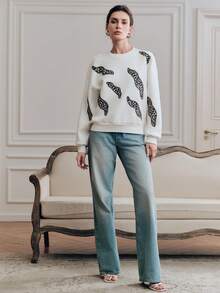 Anewsta Women's Modern Street Style Energetic Leopard Print Beaded Crew Neck Pullover Sweatshirt, Spring - Apricot - View 10