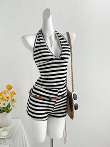 Elamini Women's Black & White Striped Halter Neck Tie Camisole And Super Shorts 2-Piece Set, Casual Vacation Style - Black and White - View 5