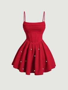 SHEIN Girlism Teen Girl Solid Color Ruched Front Waist Cinched Camisole Dress - Red - View 5