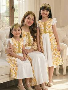 Sparklyn Tween Girl Traditional Arabic Clothing Elegant Metallic Floral Beaded Lace Trim Round Neck Cap Sleeve Dress, Suitable For Daily Gatherings, Parties, Formal Occasions - Yellow - View 3