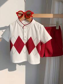 SHEIN 2件套 幼儿男童春夏酒红色格子短袖polo衫和短裤套装，男婴服装