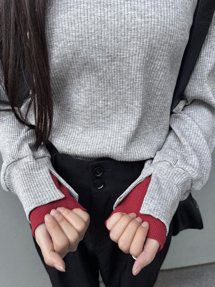 FRIFUL Women's Contrast Color Ribbed Fabric Cuff Contrast Color Slit Long Sleeve Slim Fit Casual Versatile T-Shirt - Grey - View 8