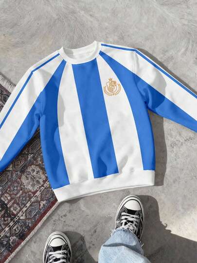 Aesthetic Post Sporty Style Football Jersey Style Printed Men's Casual Contrast,Pullover Sweatshirt Men Shirt , Men Gift Women Shirt Shirt For Sons Blue And White Jersey 90s Sporty Sweater Men Tops For Women  White Top  Graphic Tee  Mens Clothes  Shirts For Woman  Going Out Top  Graphic Tees Women  Mens Shirts  Men Clothes