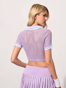 CourtClass Contrast Stripe Hollow-Out Knit Cropped Tennis Top - Purple - View 2