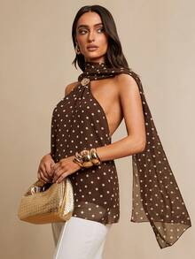 Silquee 女士吊带金属扣波点衬衫，春夏款 - 棕色 - 查看 5