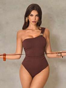 Shapewave 1pc Women's One-Piece Swimsuit With Tummy Control, Detachable Shoulder Strap, Textured Metal Buckle, Slim Fit, Brown - Brown - View 7