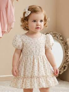 SHEIN 1pc /Baby Girl's Spring/Summer Vacation Style Outfit Bubble Short-Sleeved Pink Floral Print All-Over Apricot Woven Dress - Apricot - View 2