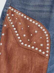 ROMWE Hippie 女士复古西部牛仔嬉皮风二合一麂皮拼接铆钉喇叭牛仔裤 - 藍色 - 查看 4