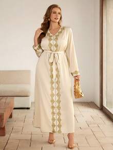 Roveilla Vestido de manga larga con cuello en V, cintura con lazo y puños con volantes, estilo patchwork, talla grande, estilo de Oriente Medio - Albaricoque - Ver 3