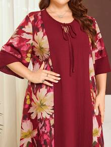 Lacomfia 大码女式宽松纯色拼接圆领蝴蝶结休闲连衣裙 - 酒紅色 - 查看 1