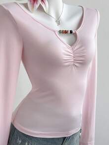 SHEIN Unity Women's Casual V-Neck Beaded Long Sleeve Versatile Top - Pink - View 5