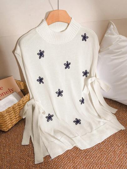 CosyJoli 大码花卉刺绣无袖系带开衫，春秋季休闲款