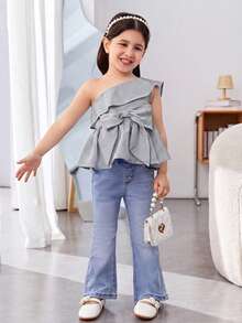 SHEIN Young Girl Cute Asymmetric Striped One-Shoulder Blouse With Large Bow, Young Girl - Black and White - View 4