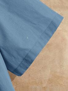 Manfinity VCAY Camisas de manga corta de verano para hombres de unicolor con un solo botón, con bolsillo, de tela tejida, camisa casual de tela tejida para hombre, camisas de lino liso casual para hombres, vacaciones, regalos del Día del Padre - Azul - Ver 4