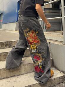 ROMWE MEN Grunge Punk Quần jeans nam ống rộng dáng suông thêu hình rồng, phong cách thường ngày. - Xám - Xem 3