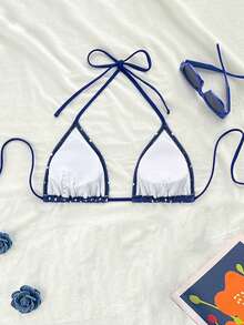 Swim Vcay New Women's Polka Dot Sexy Spaghetti Strap Bikini Top Pokadot Bikini Bikini Triangle Navy Bikini Polka Dot Bathing Suit - Navy Blue - View 3